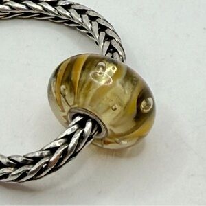 Trollbeads Clear Glass Bead Yellow Buttery Stripes Bubbles Signed 925 LAA Luxe!!